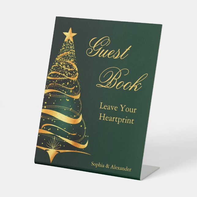 Elegantes Golden Christmas Tree Gästebuch Sockelschild (Vorderseite)