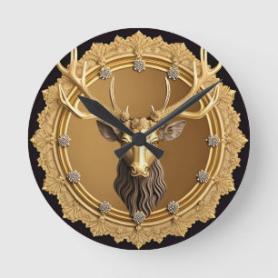Elegantes Golden Deer Emblem mit Verziertem Rahmen Runde Wanduhr