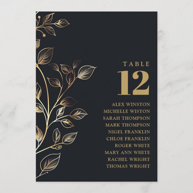 Elegantes Golden Floral Tischnummer Seating Chart (Vorderseite)