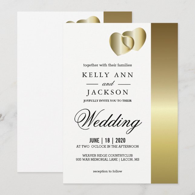 Elegantes Golden Hearts Design Einladung (Vorne/Hinten)