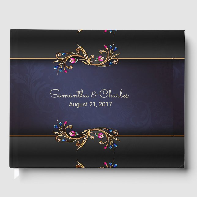 Elegantes Golden Jewel Blume Wedding Gästebuch (Vorderseite)