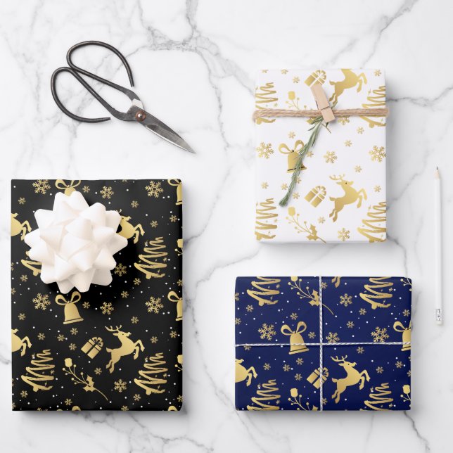 Elegantes Golden Schwarz-weiß Luxury Weihnachtsges Geschenkpapier Set (Vorderseite)