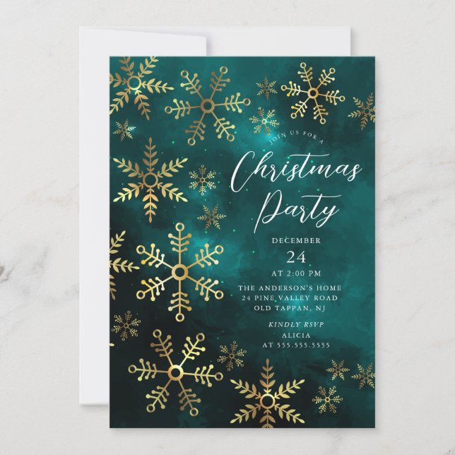 Elegantes Golden Snowflakes Weihnachten Party Einladung (Vorderseite)