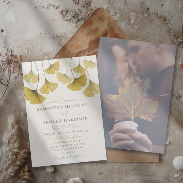 Elegantes Golden Watercolor Ginkgo-Blatt Hochzeit Einladung (Von Creator hochgeladen)