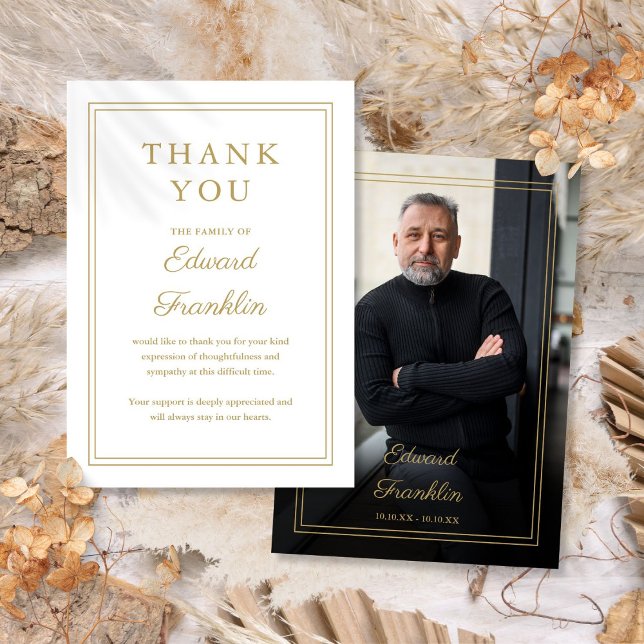 Elegantes Goldene Feier zum Foto Lebensbeerdigung Dankeskarte (Elegant Gold Celebration Of Life Funeral Photo Thank You Card)