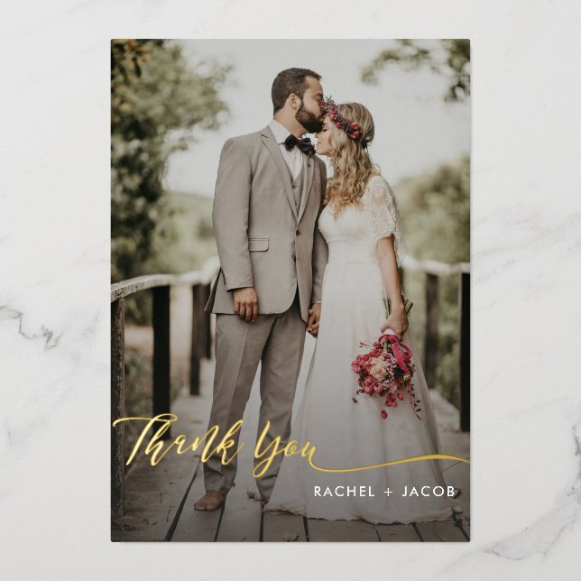 Elegantes Goldenen Foil-Script Einfach 2-Foto Hoch Folieneinladung (Vorderseite)
