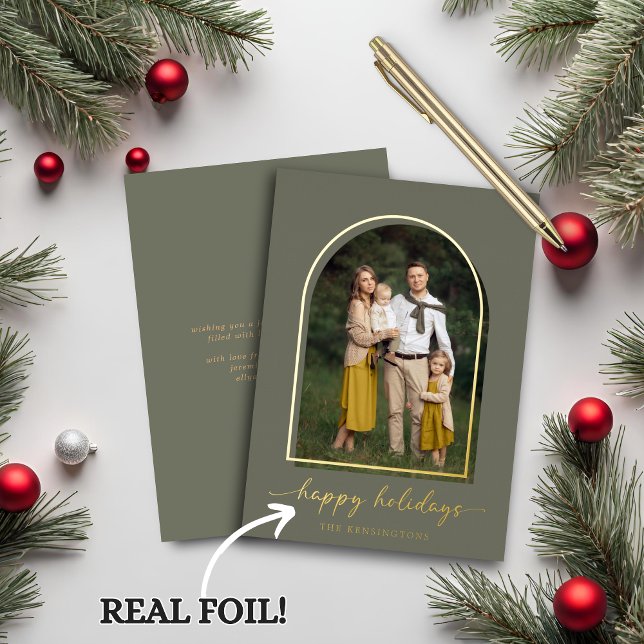 Elegantes Goldenen Foto Folien Feiertagskarte (Elegant Gold Foil Arch Green Gold Holiday Photo Card)
