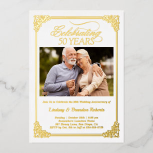 Elegantes Goldenes 50-jähriges Foto zum Hochzeitst Folieneinladung