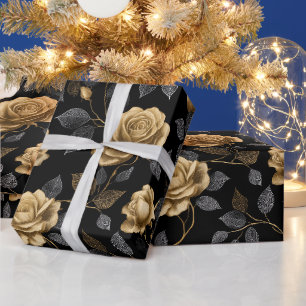 Elegantes goldenes Akzent-Rosen-schwarzes Blumenmu Geschenkpapier