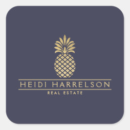Elegantes goldenes Ananas-Logo auf Dusky Blue Quadratischer Aufkleber
