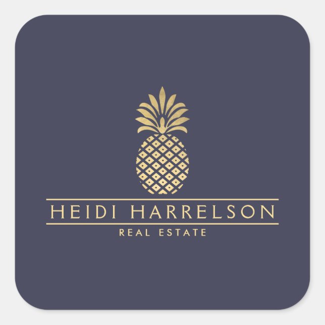 Elegantes goldenes Ananas-Logo auf Dusky Blue Quadratischer Aufkleber (Vorderseite)