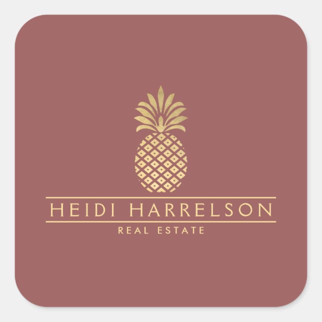 Elegantes goldenes Ananas-Logo auf Dusky Rot Quadratischer Aufkleber (Vorderseite)