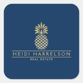Elegantes goldenes Ananas-Logo auf Navy Blue Quadratischer Aufkleber