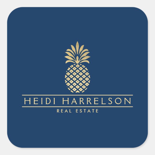 Elegantes goldenes Ananas-Logo auf Navy Blue Quadratischer Aufkleber (Vorderseite)