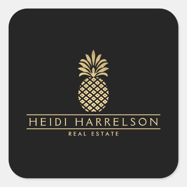 Elegantes Goldenes Ananas-Logo auf Schwarz Quadratischer Aufkleber (Vorderseite)