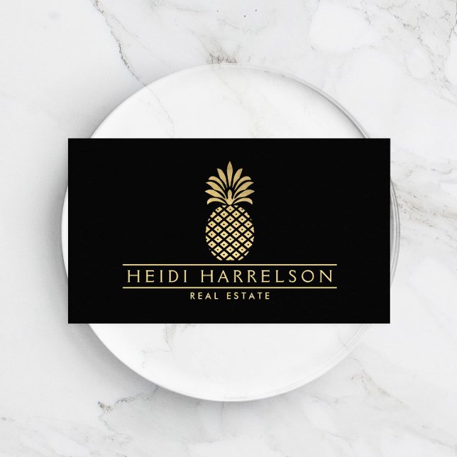 Elegantes Goldenes Ananas-Logo auf Schwarz Visitenkarte (Von Creator hochgeladen)