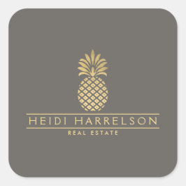 Elegantes Goldenes Ananas-Logo auf Taupe Quadratischer Aufkleber