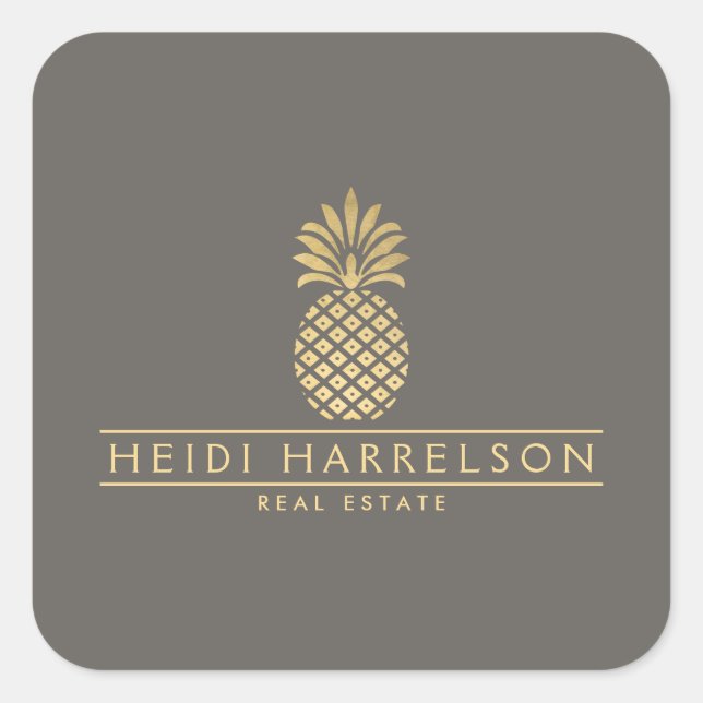 Elegantes Goldenes Ananas-Logo auf Taupe Quadratischer Aufkleber (Vorderseite)