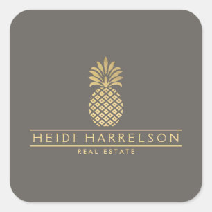 Elegantes Goldenes Ananas-Logo auf Taupe Quadratischer Aufkleber
