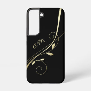 Elegantes goldenes Blattwirbel-Schwarz-Monogramm Samsung Galaxy Hülle