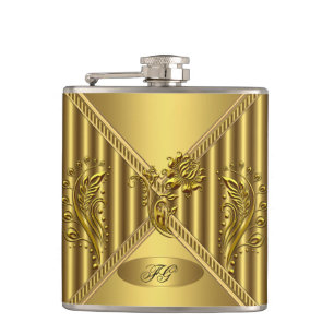 Elegantes goldenes Blumen-Metall-Monogramm-Name Flachmann