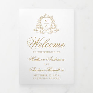 Elegantes goldenes Blumenwappen-Monogramm-Hochzeit Dreifach-gefaltete Programmkarte