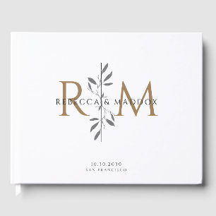 Elegantes goldenes botanisches Monogramm-Hochzeit Gästebuch