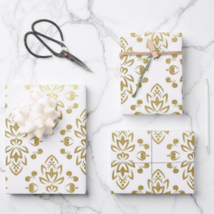 Elegantes goldenes Damast-Blumenmuster Hochzeit Geschenkpapier Set