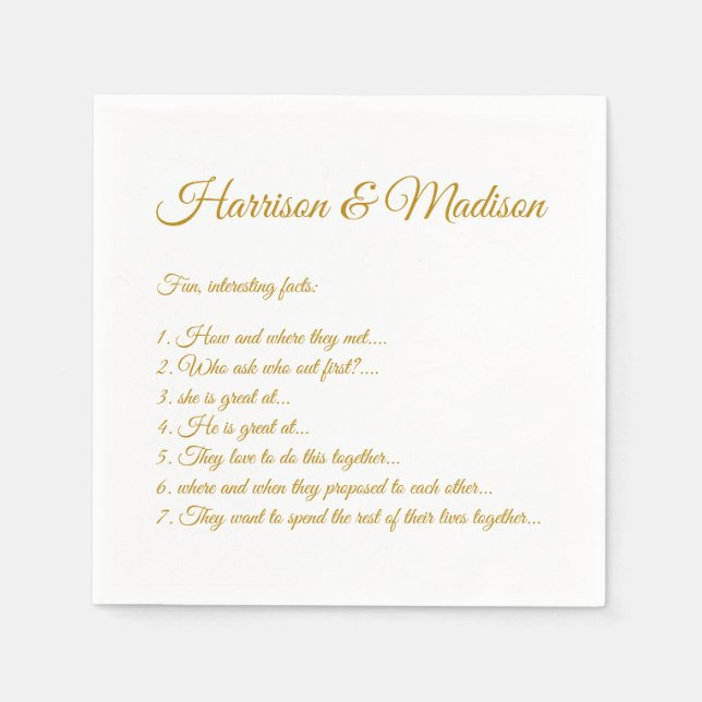 Elegantes goldenes Drehbuch Fun Fakten Hochzeit Serviette (Vorderseite)