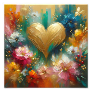 Elegantes Goldenes Herz Florales Teal & Rosé Fotodruck
