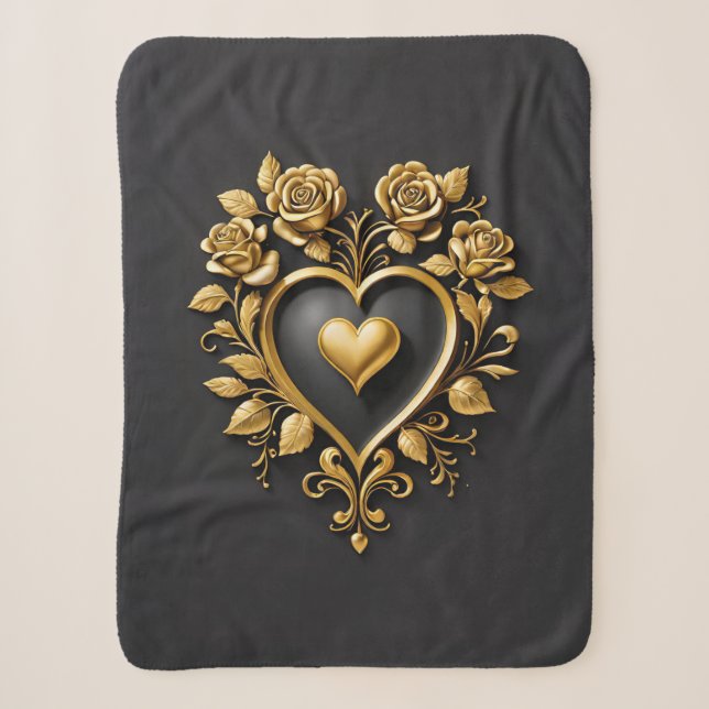 Elegantes goldenes Herz mit blühenden Rose Sherpadecke (Vorderseite)
