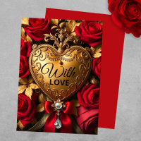 Elegantes Goldenes Herz mit Rote Rosen und Juwel