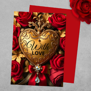 Elegantes goldenes Herz mit roten Rosen und Juwel Karte
