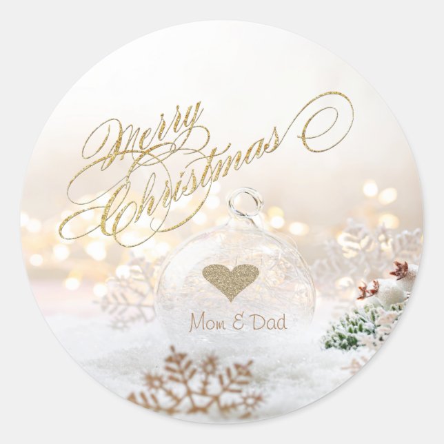 Elegantes Goldenes Herz, Weihnachtsball Weiß Runder Aufkleber (Vorderseite)