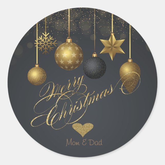 Elegantes Goldenes Herz, Weihnachtsbälle dunkel Runder Aufkleber (Vorderseite)