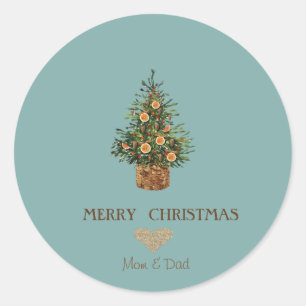 Elegantes Goldenes Herz, Weihnachtsbaum Orange Runder Aufkleber
