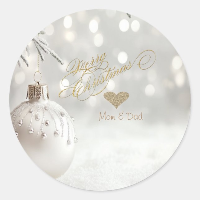 Elegantes Goldenes Herz, weißer Weihnachtsball Runder Aufkleber (Vorderseite)