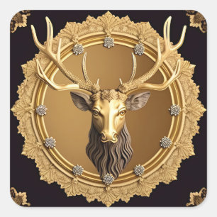 Elegantes goldenes Hirsch-Emblem mit aufwendigem R Quadratischer Aufkleber