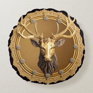 Elegantes goldenes Hirsch-Emblem mit aufwendigem R Rundes Kissen