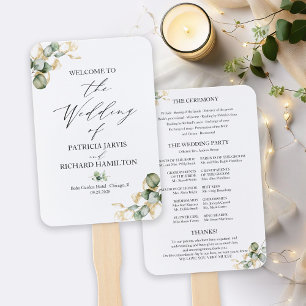 Elegantes goldenes Hochzeitsprogramm mit Grünpflan Fächer