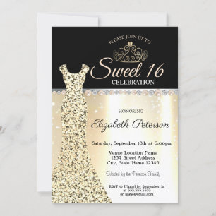 Elegantes goldenes Kleid, Diamanten Perlen Sweet 1 Einladung