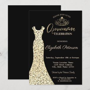 Elegantes goldenes Kleid, Tiara Quinceañera Einladung