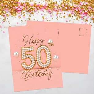 Elegantes Goldenes Konfetti & Luftballons 50. Gebu Postkarte
