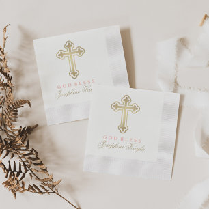 Elegantes goldenes Kreuz Gott segne Mädchen Taufe Serviette