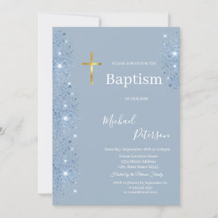 Elegantes goldenes Kreuz Taufstaub Blau Glitter Einladung