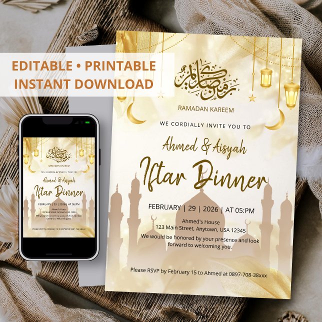 Elegantes goldenes Laternen-Moschee-Ramadan-Iftar- Einladung (Von Creator hochgeladen)