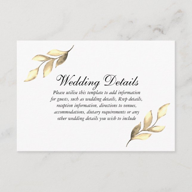 Elegantes goldenes Leaf Hochzeitsempfang Details Begleitkarte (Vorderseite)