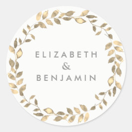 Elegantes Goldenes Leaf Wreath Wedding Runder Aufkleber