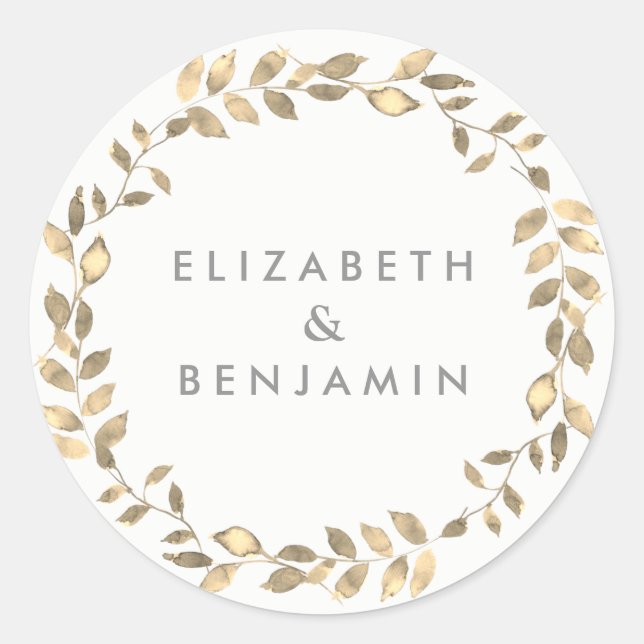 Elegantes Goldenes Leaf Wreath Wedding Runder Aufkleber (Vorderseite)