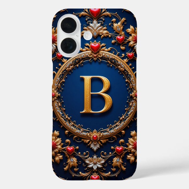 Elegantes Goldenes Letter B umgeben von Herzen iPhone 16 Hülle (Rückseite)
